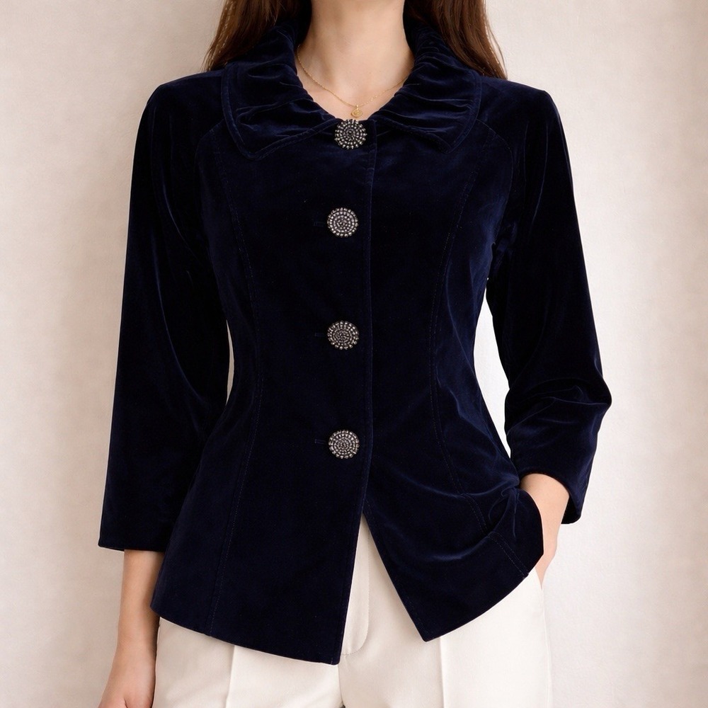 Lilly Midnight Blue Velvet Jacket Sz S‎ Embellished Buttons Bell Sleeve Romantic